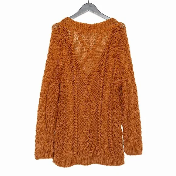 SOLD - Vintage Brown Cable Knit Hand Knit Button V Neck Cardigan - Size L - Picture 2 of 9